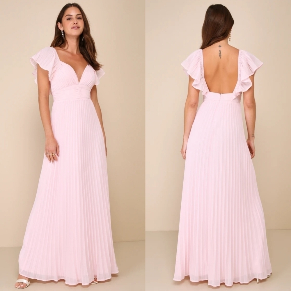 Lulus Ideal Occasion Pink Pleated Flutter Sleeve Backless Maxi Dress XL Wedding